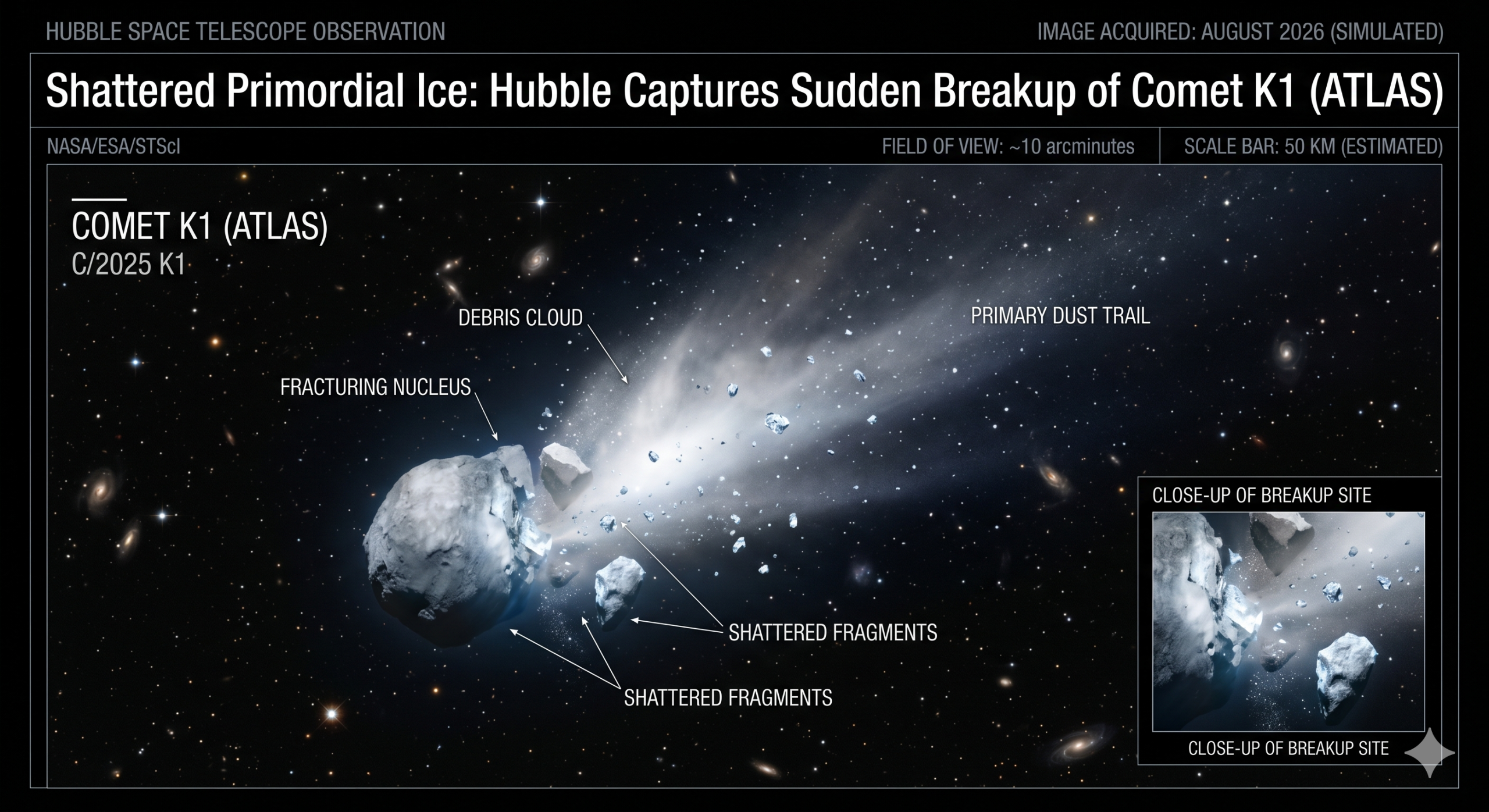 Shattered Primordial Ice: Hubble Captures Sudden Breakup of Comet K1 (ATLAS)